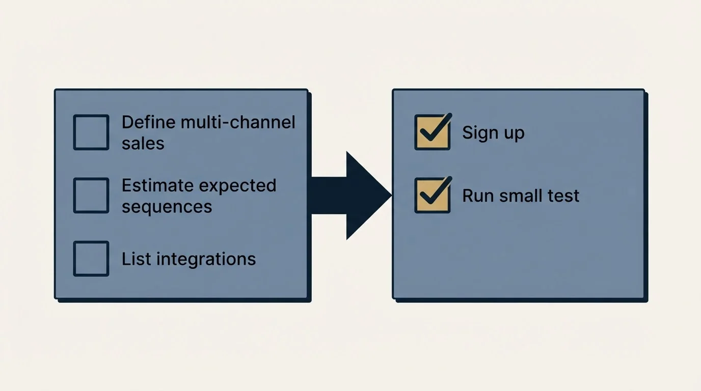 Before-and-after steps: Getting Started Checklist (Define multi-channel sales, Estimate expected sequences, List integrations, Sign up)
