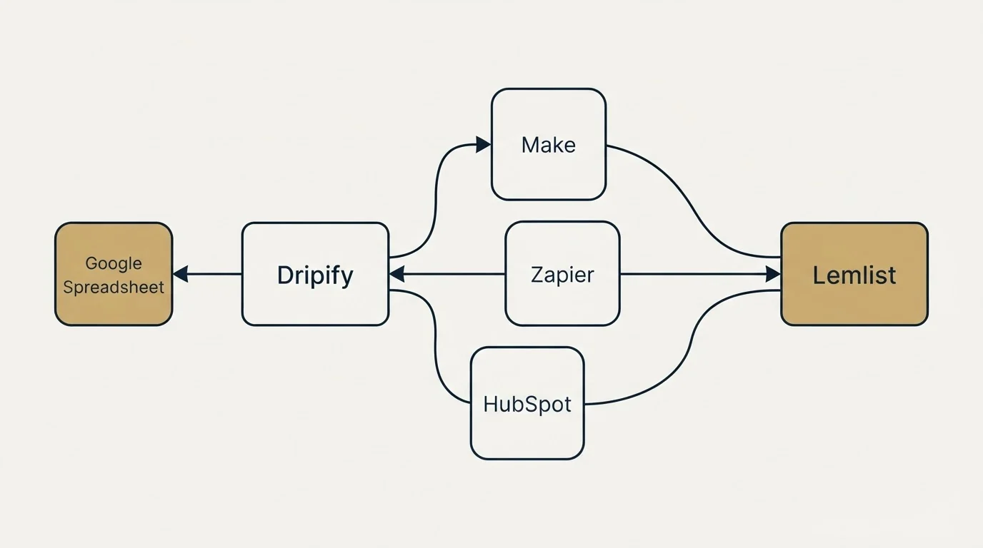 Integration schematic: Integration Ecosystem (Dripify, Lemlist, Make, Zapier)