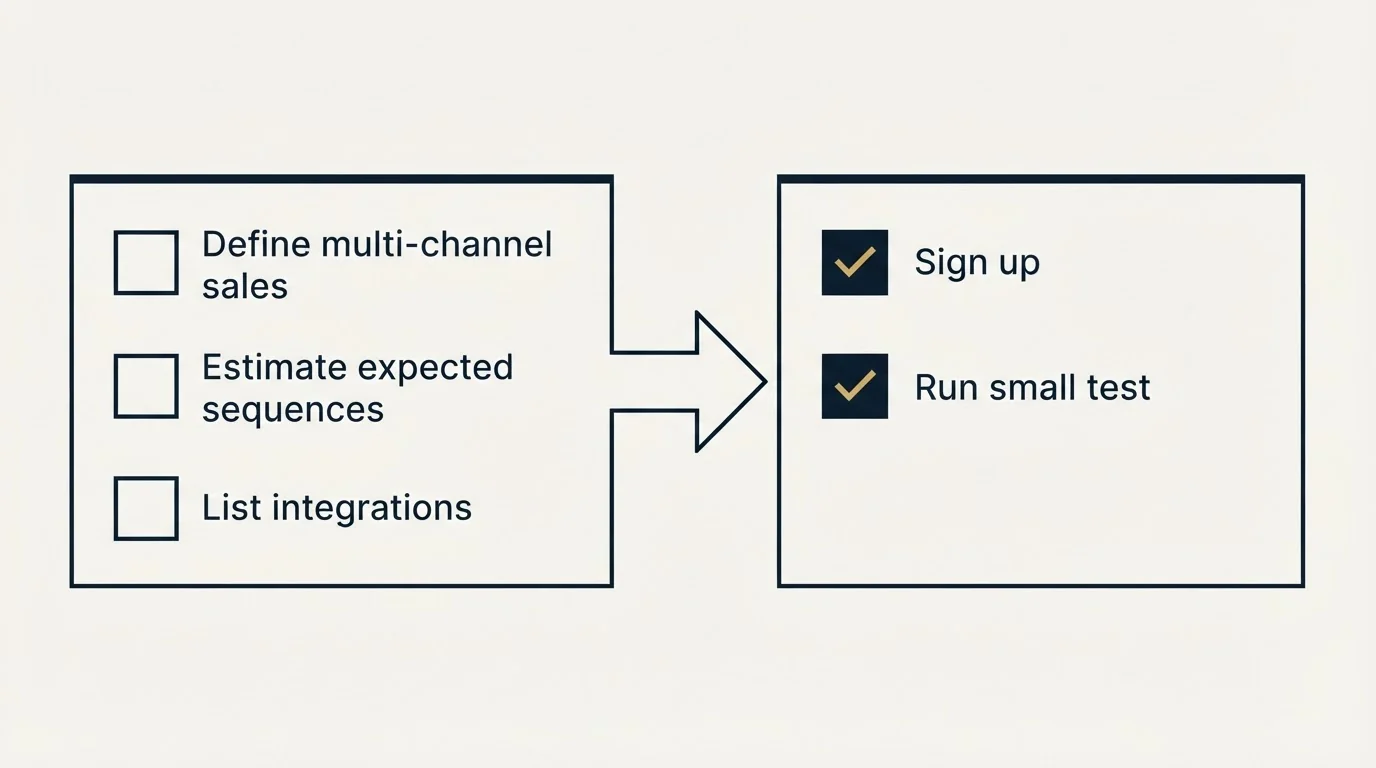 Before-and-after steps: Getting Started Checklist (Define multi-channel sales, Estimate expected sequences, List integrations, Sign up)