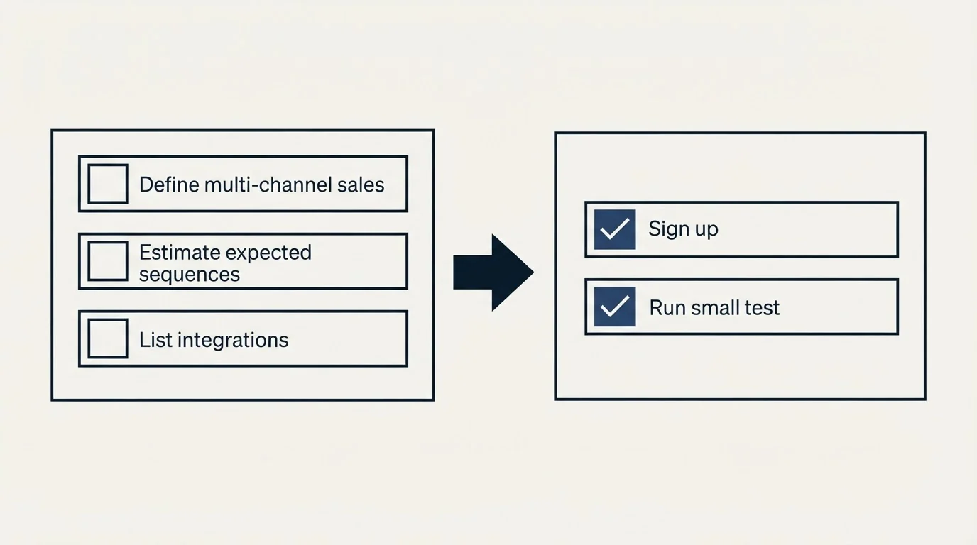 Before-and-after steps: Getting Started Checklist (Define multi-channel sales, Estimate expected sequences, List integrations, Sign up)