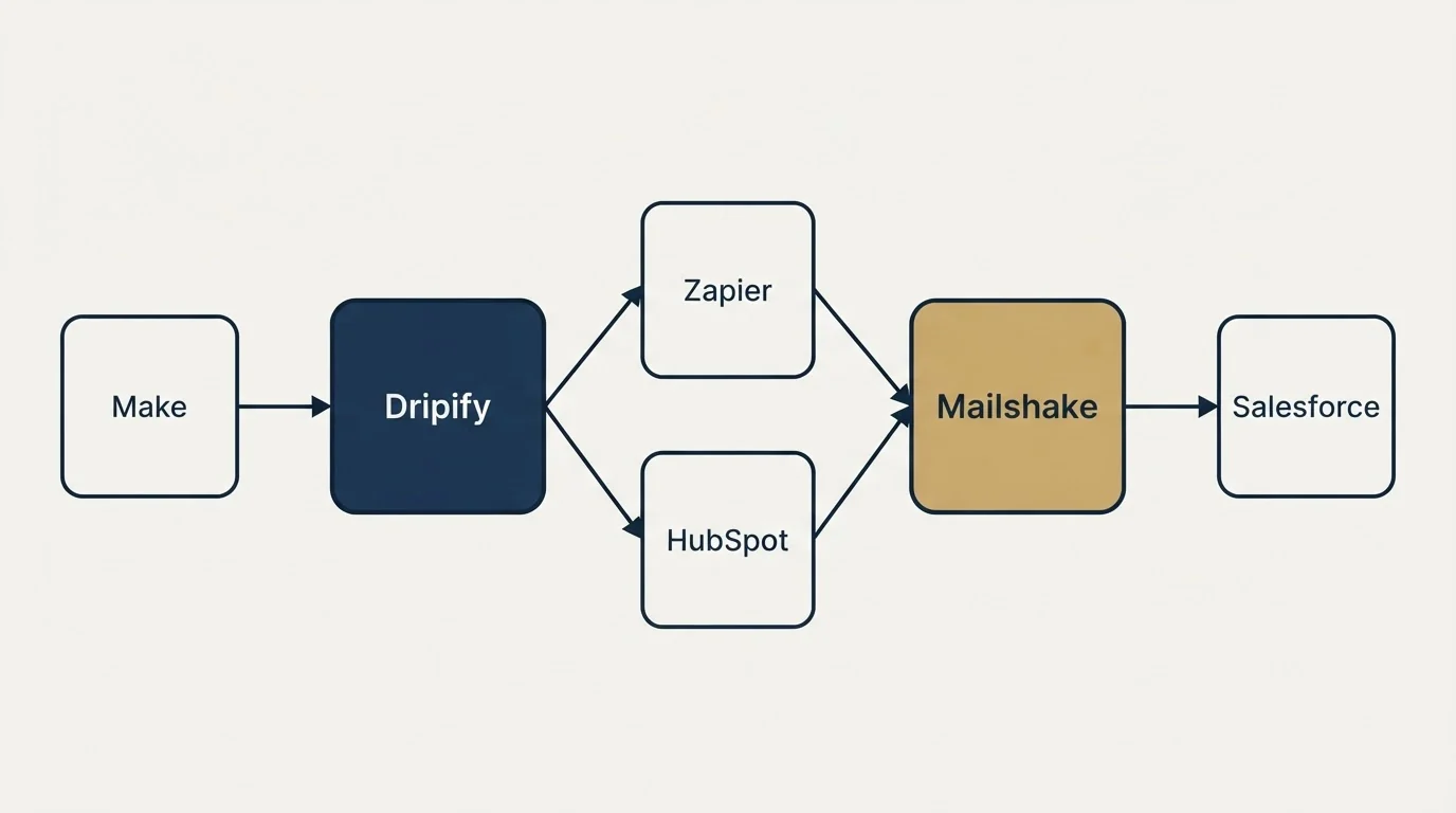 Integration schematic: Integration Ecosystem (Dripify, Mailshake, Zapier, HubSpot)