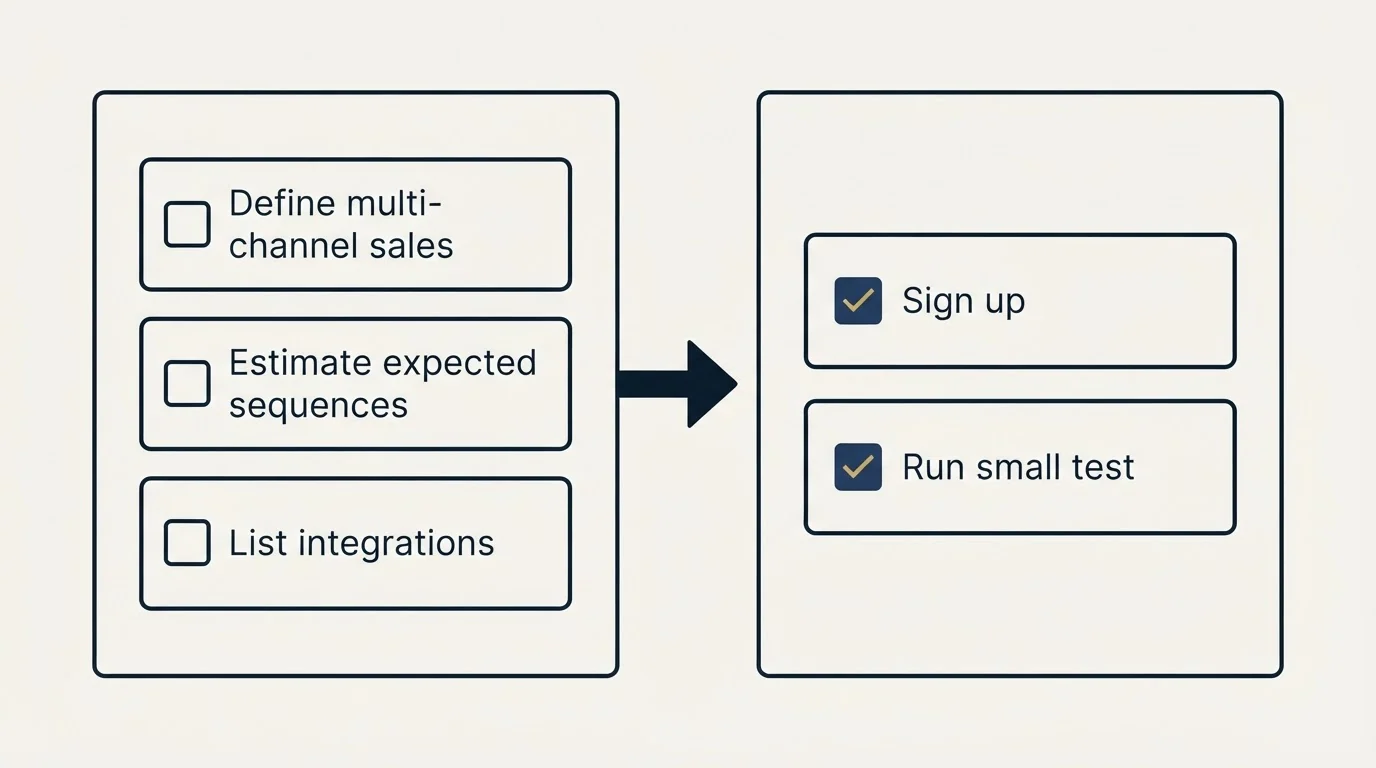 Before-and-after steps: Getting Started Checklist (Define multi-channel sales, Estimate expected sequences, List integrations, Sign up)