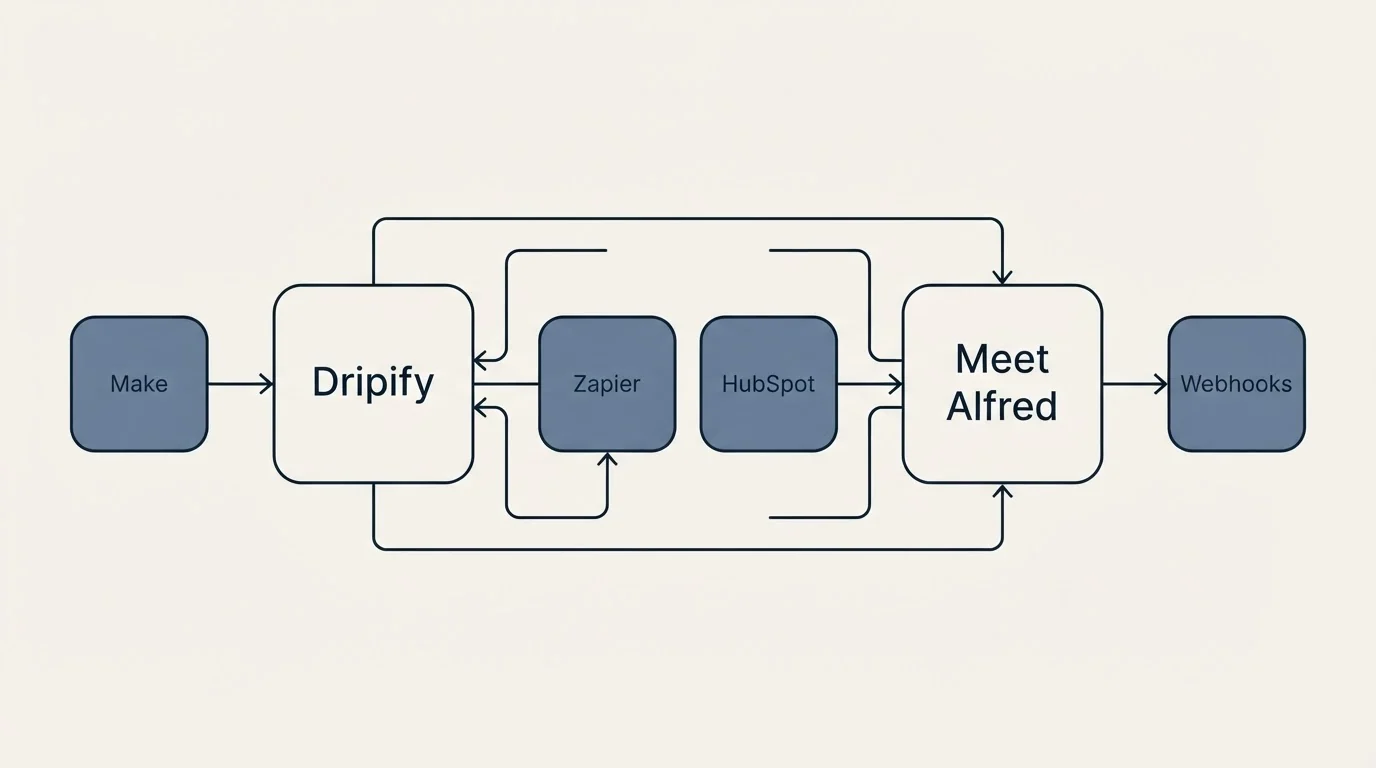 Integration schematic: Integration Ecosystem (Dripify, Meet Alfred, Zapier, HubSpot)