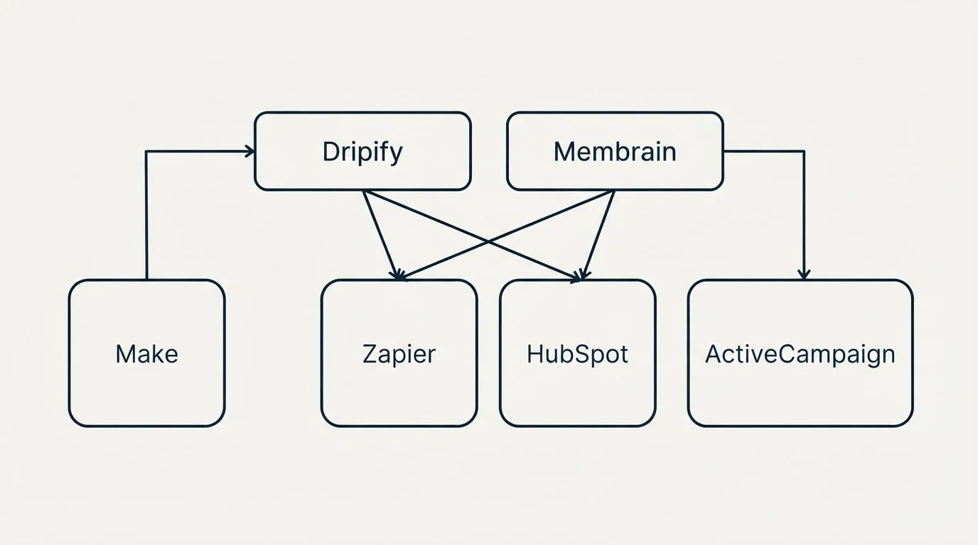 Integration grid: Integration Ecosystem (Dripify, Membrain, Zapier, HubSpot)