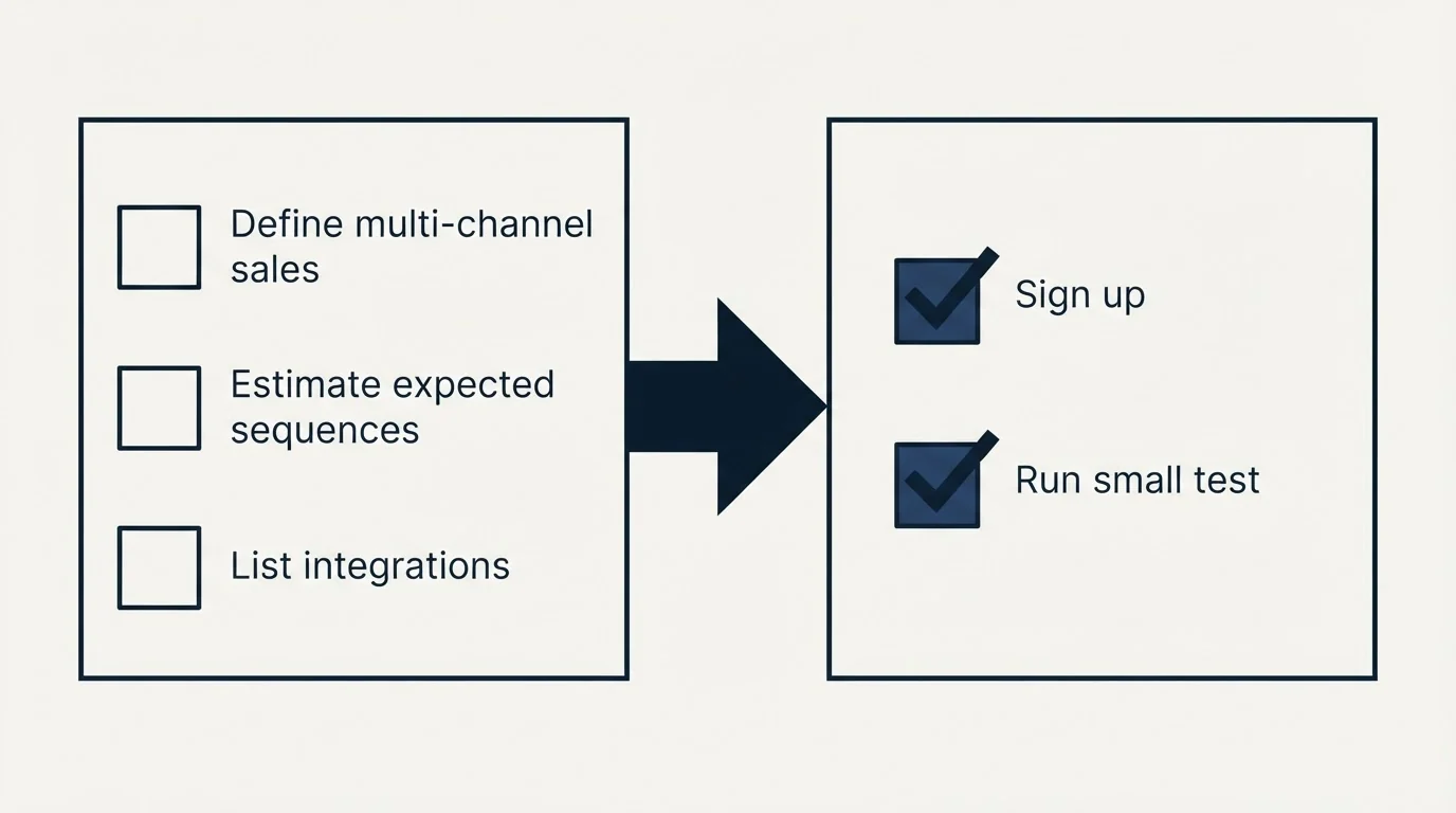 Before-and-after steps: Getting Started Checklist (Define multi-channel sales, Estimate expected sequences, List integrations, Sign up)