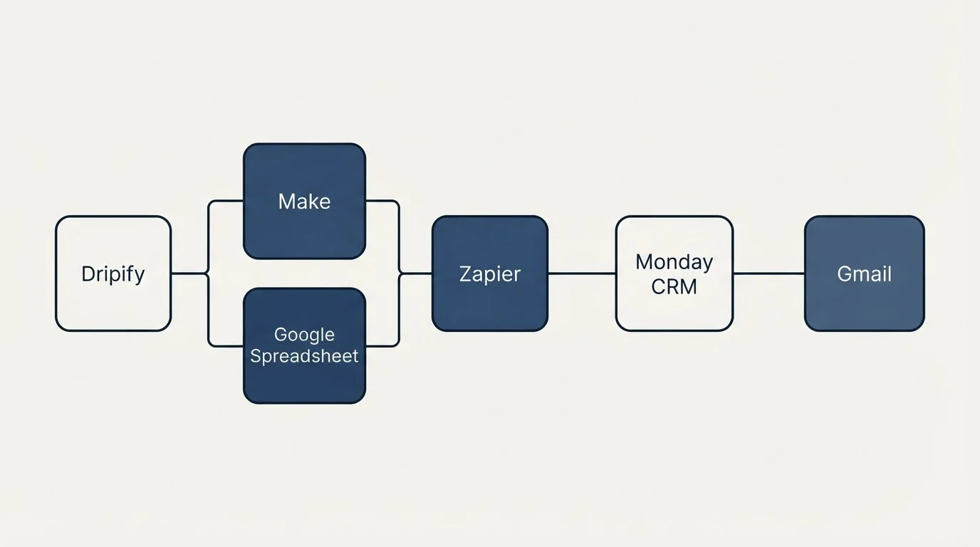 Integration flow: Integration Ecosystem (Dripify, Monday CRM, Zapier, Make)