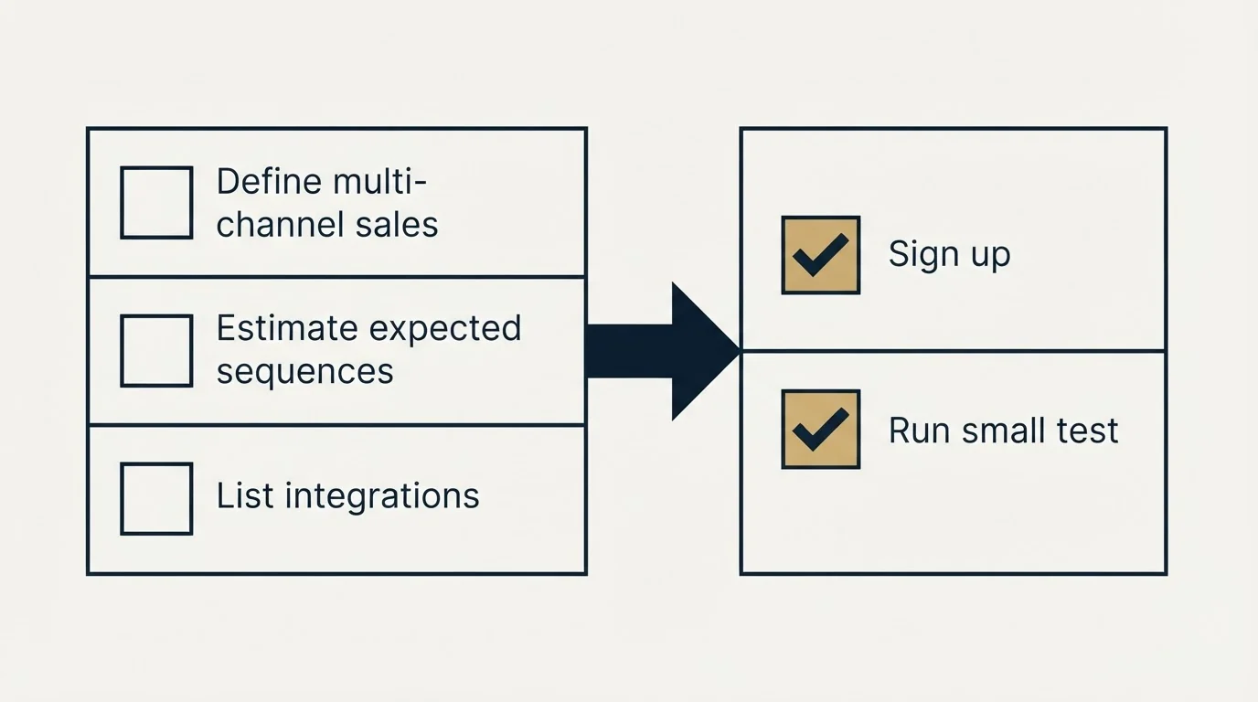 Before-and-after steps: Getting Started Checklist (Define multi-channel sales, Estimate expected sequences, List integrations, Sign up)