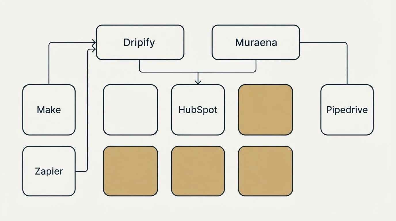 Integration grid: Integration Ecosystem (Dripify, Muraena, HubSpot, Make)