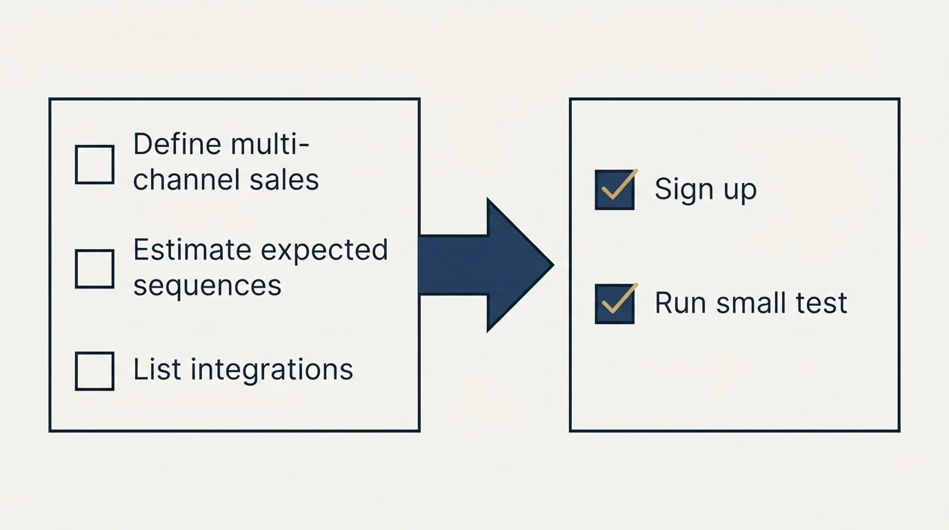 Before-and-after steps: Getting Started Checklist (Define multi-channel sales, Estimate expected sequences, List integrations, Sign up)