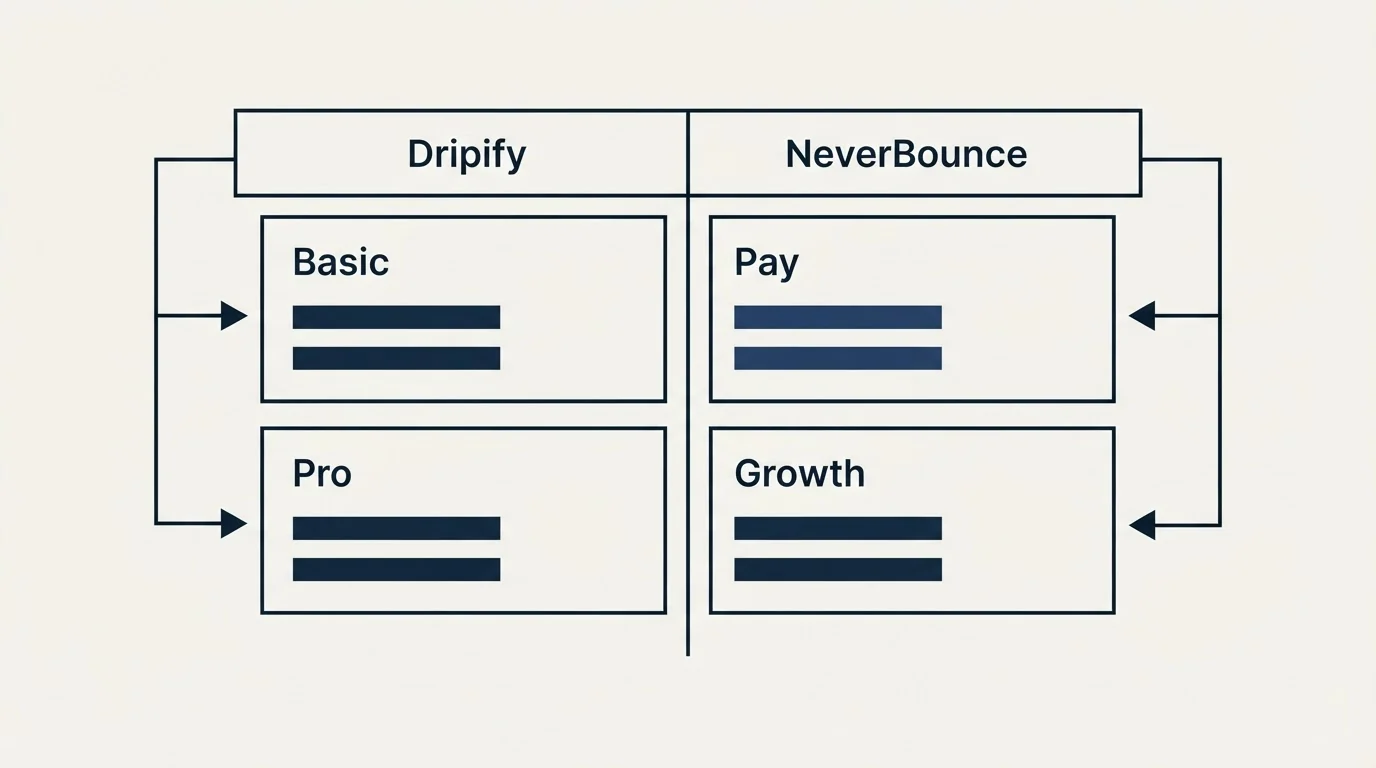Pricing table: Pricing Comparison (Dripify, NeverBounce, Basic, Pay)