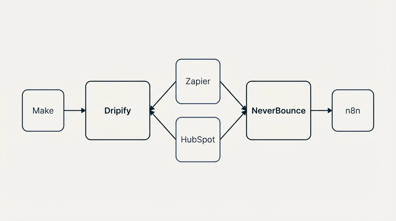 Integration schematic: Integration Ecosystem (Dripify, NeverBounce, Zapier, HubSpot)