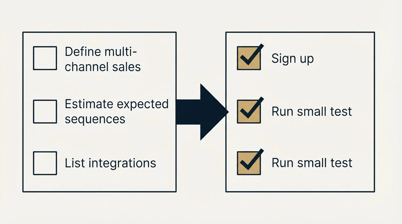 Before-and-after steps: Getting Started Checklist (Define multi-channel sales, Estimate expected sequences, List integrations, Sign up)