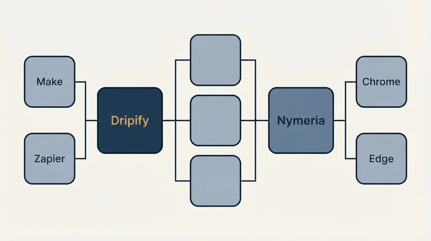 Integration flow: Integration Ecosystem (Dripify, Nymeria, Make, Chrome)
