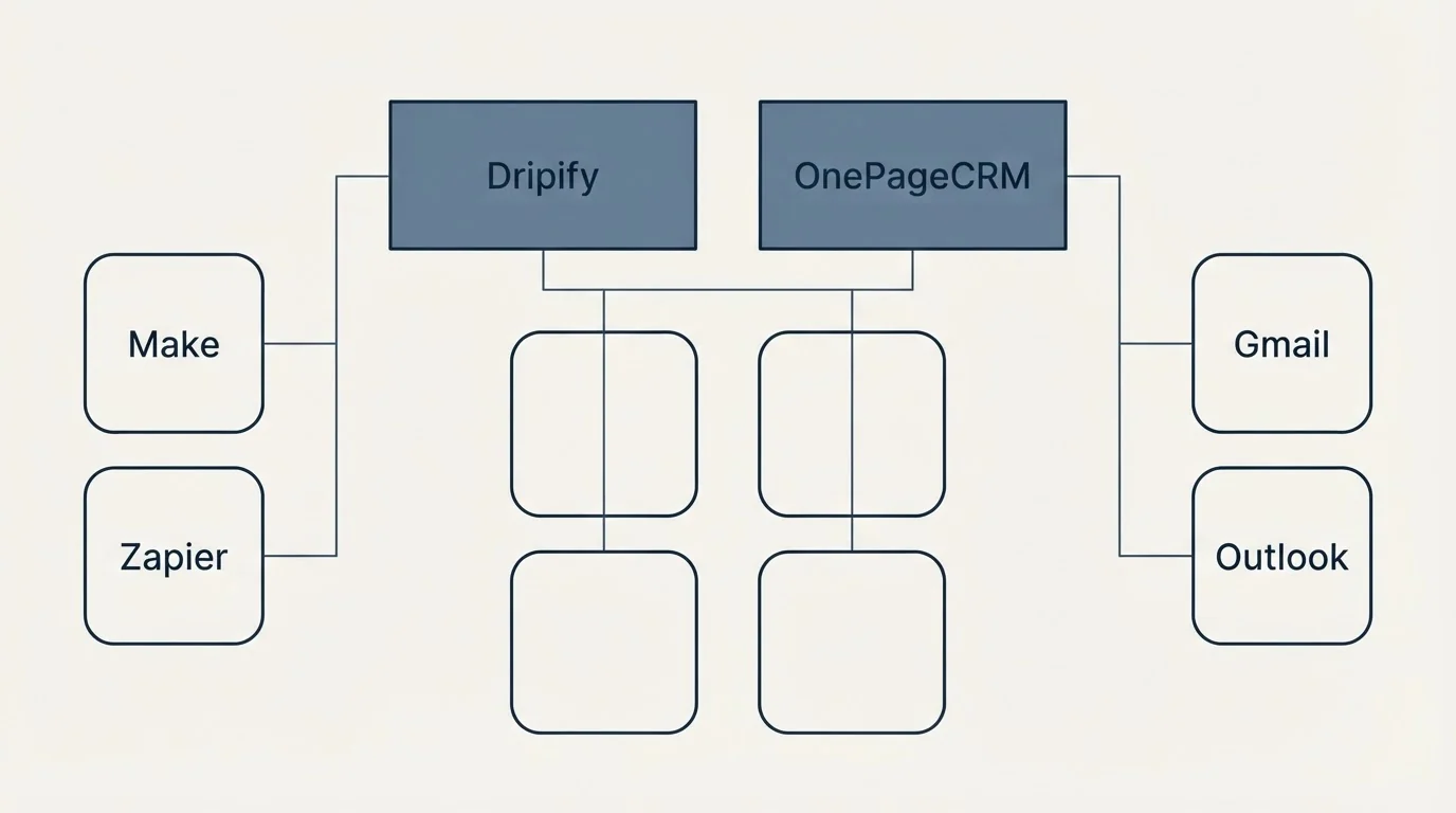Integration grid: Integration Ecosystem (Dripify, OnePageCRM, Make, Gmail)