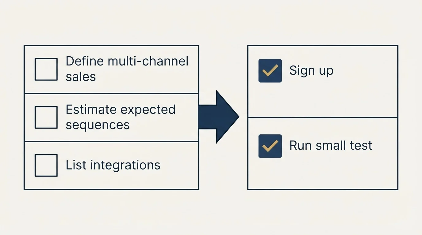 Before-and-after steps: Getting Started Checklist (Define multi-channel sales, Estimate expected sequences, List integrations, Sign up)