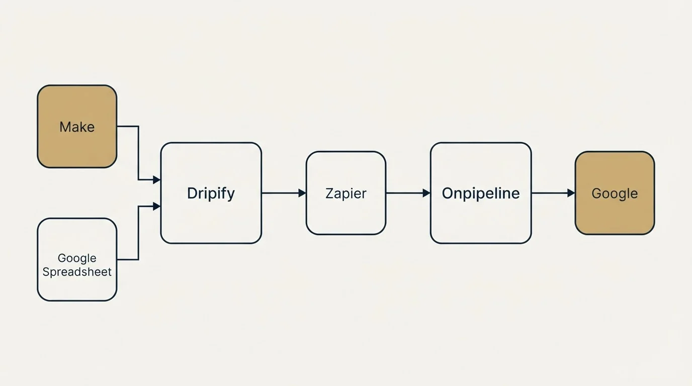 Integration flow: Integration Ecosystem (Dripify, Onpipeline, Zapier, Make)