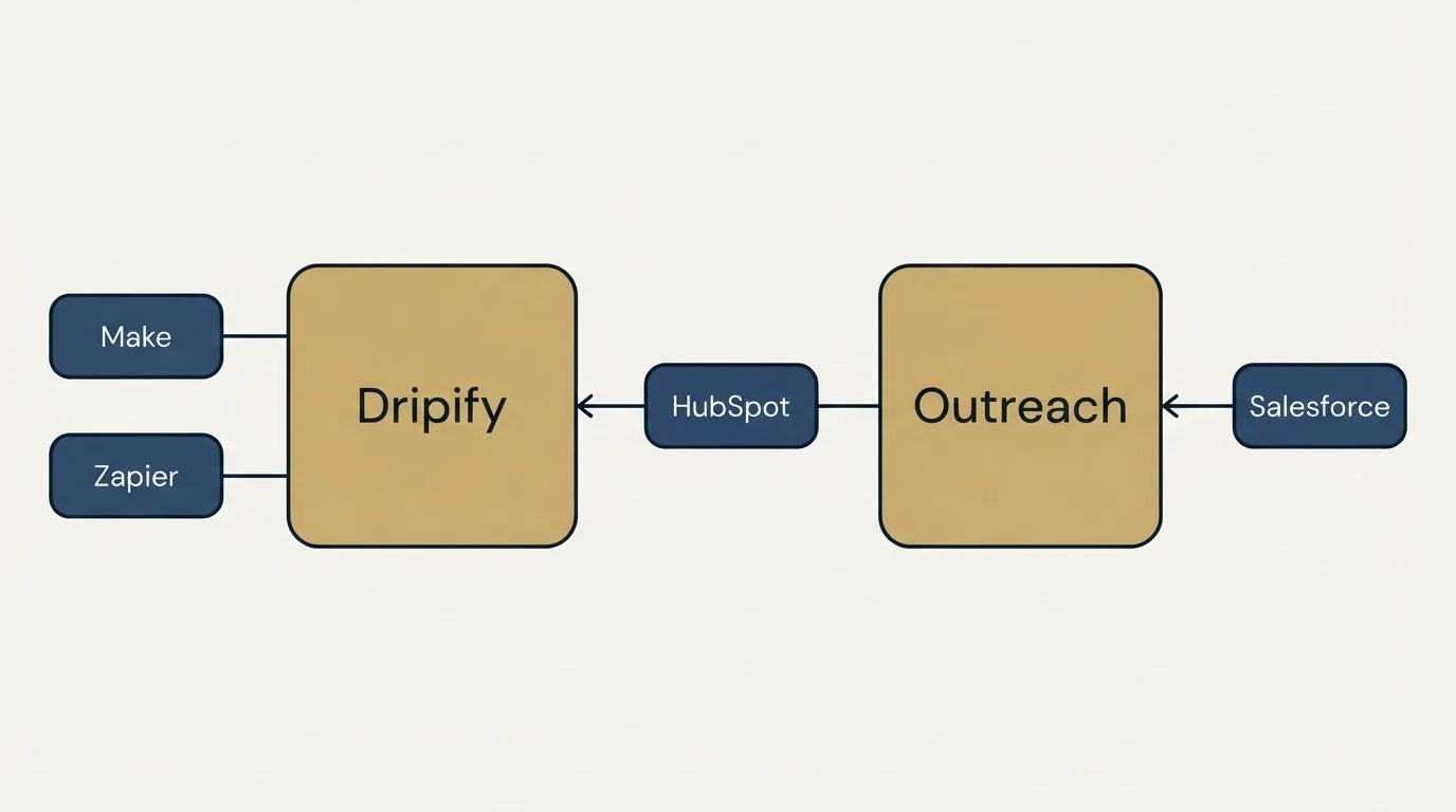 Integration flow: Integration Ecosystem (Dripify, Outreach, HubSpot, Make)