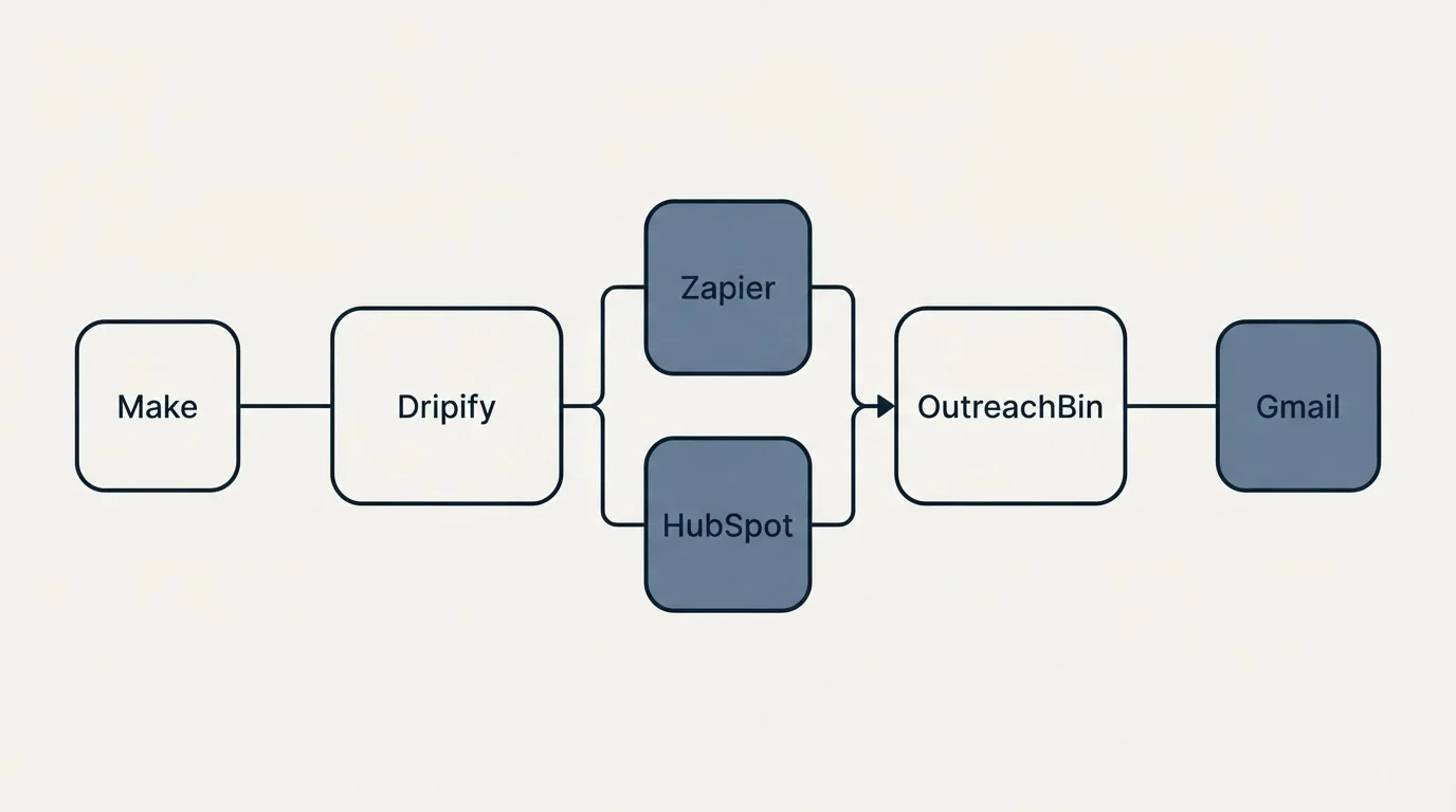 Integration flow: Integration Ecosystem (Dripify, OutreachBin, Zapier, HubSpot)