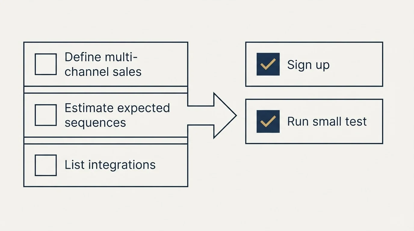 Before-and-after steps: Getting Started Checklist (Define multi-channel sales, Estimate expected sequences, List integrations, Sign up)