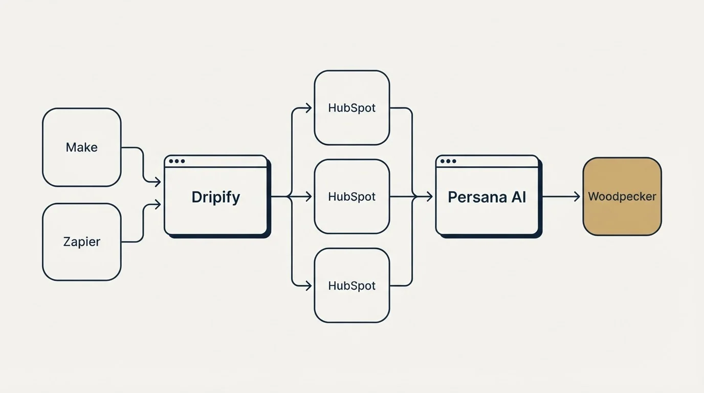 Integration flow: Integration Ecosystem (Dripify, Persana AI, HubSpot, Make)