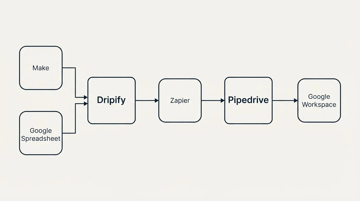Integration flow: Integration Ecosystem (Dripify, Pipedrive, Zapier, Make)