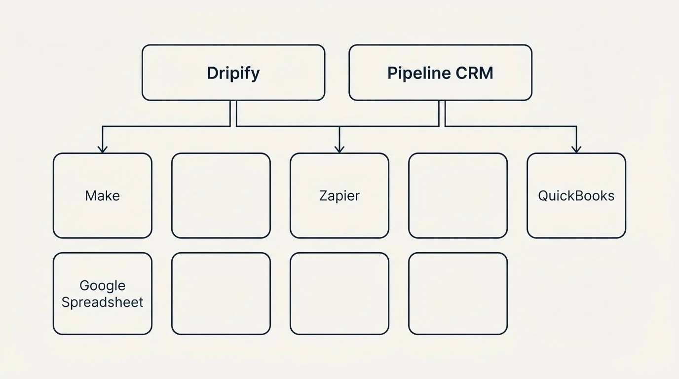 Integration grid: Integration Ecosystem (Dripify, Pipeline CRM, Zapier, Make)