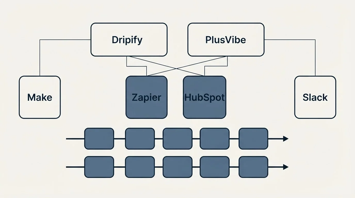 Integration grid: Integration Ecosystem (Dripify, PlusVibe, Zapier, HubSpot)