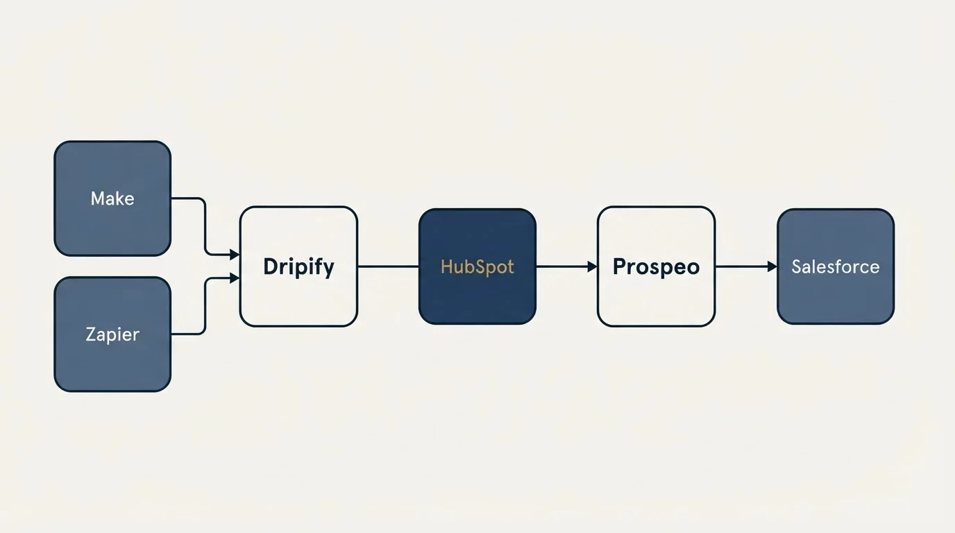 Integration schematic: Integration Ecosystem (Dripify, Prospeo, HubSpot, Make)