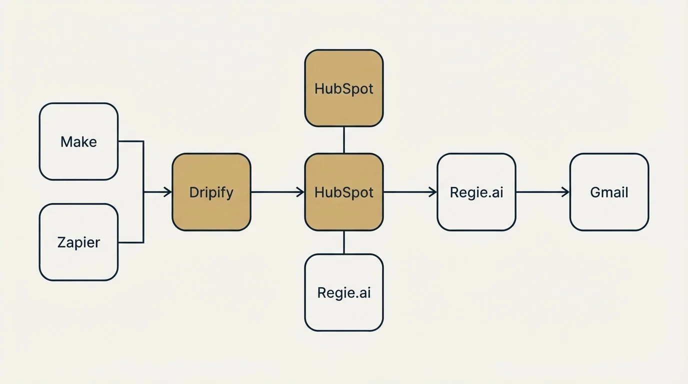 Integration flow: Integration Ecosystem (Dripify, Regie.ai, HubSpot, Make)