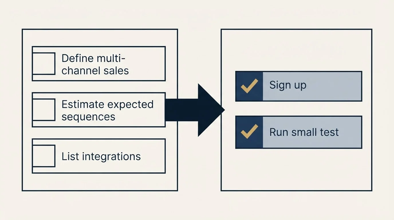 Before-and-after steps: Getting Started Checklist (Define multi-channel sales, Estimate expected sequences, List integrations, Sign up)