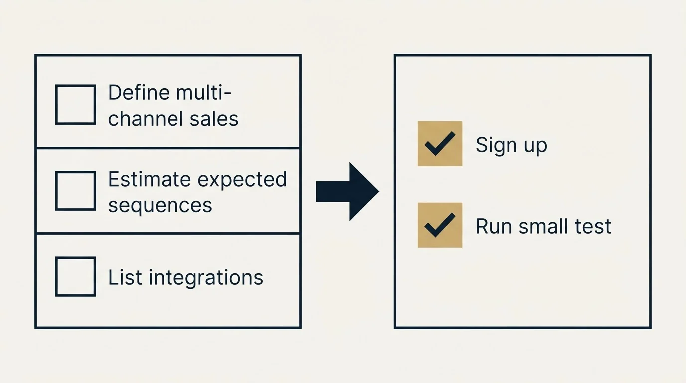 Before-and-after steps: Getting Started Checklist (Define multi-channel sales, Estimate expected sequences, List integrations, Sign up)
