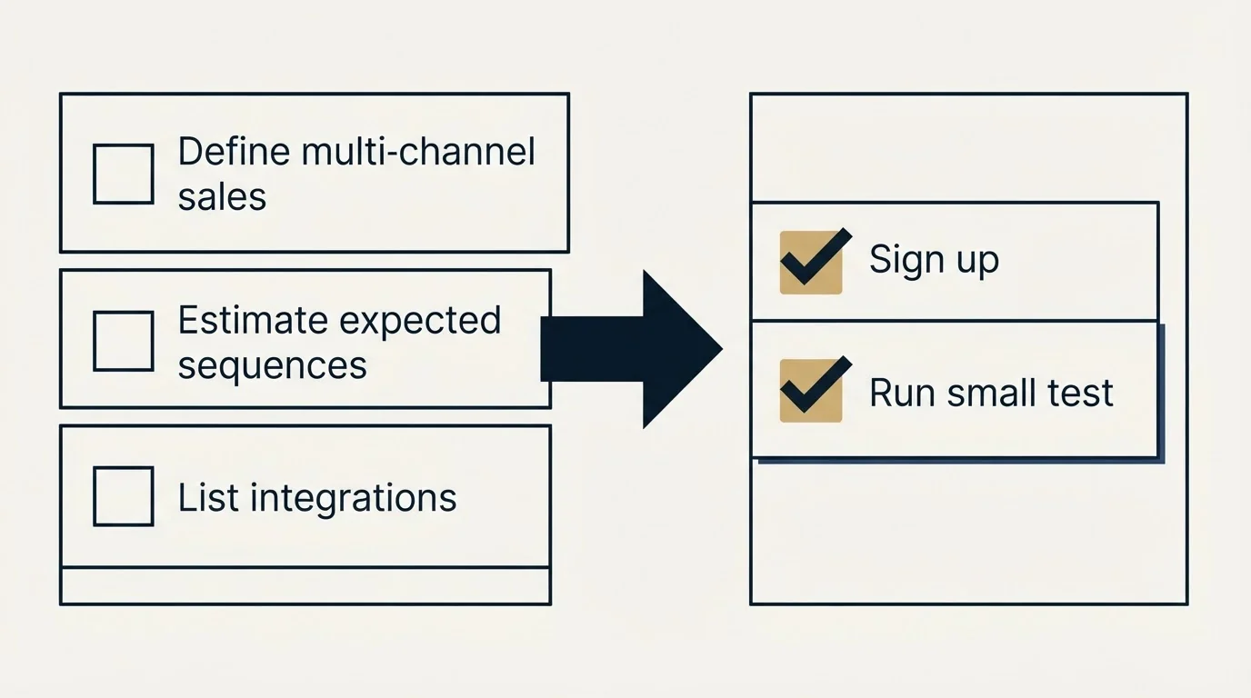 Before-and-after steps: Getting Started Checklist (Define multi-channel sales, Estimate expected sequences, List integrations, Sign up)