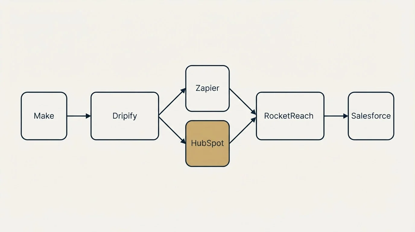 Integration schematic: Integration Ecosystem (Dripify, RocketReach, Zapier, HubSpot)