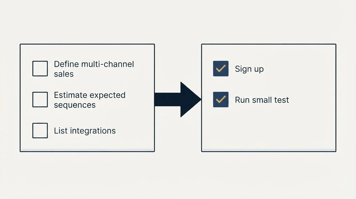 Before-and-after steps: Getting Started Checklist (Define multi-channel sales, Estimate expected sequences, List integrations, Sign up)