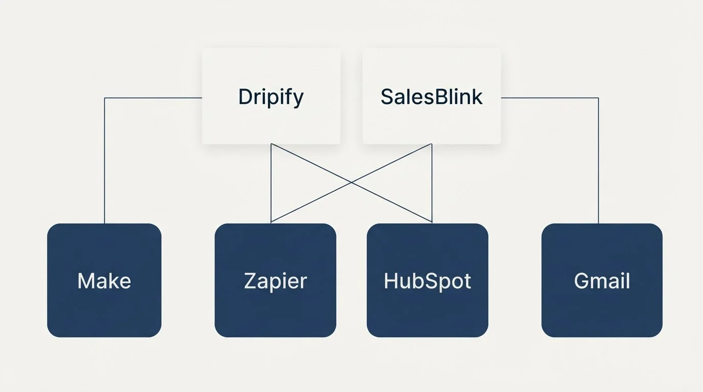 Integration grid: Integration Ecosystem (Dripify, SalesBlink, Zapier, HubSpot)
