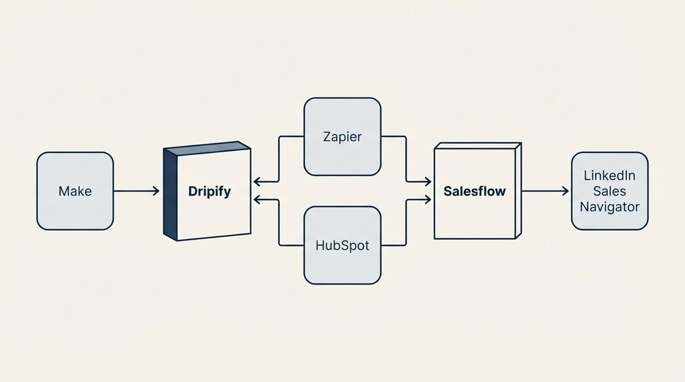 Integration flow: Integration Ecosystem (Dripify, Salesflow, Zapier, HubSpot)