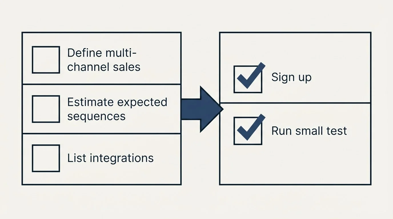 Before-and-after steps: Getting Started Checklist (Define multi-channel sales, Estimate expected sequences, List integrations, Sign up)