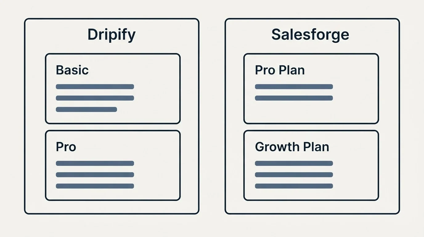 Pricing panels: Pricing Comparison (Dripify, Salesforge, Basic, Pro Plan)