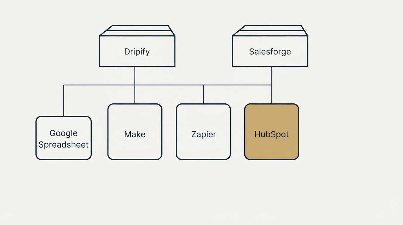 Integration grid: Integration Ecosystem (Dripify, Salesforge, Make, Zapier)