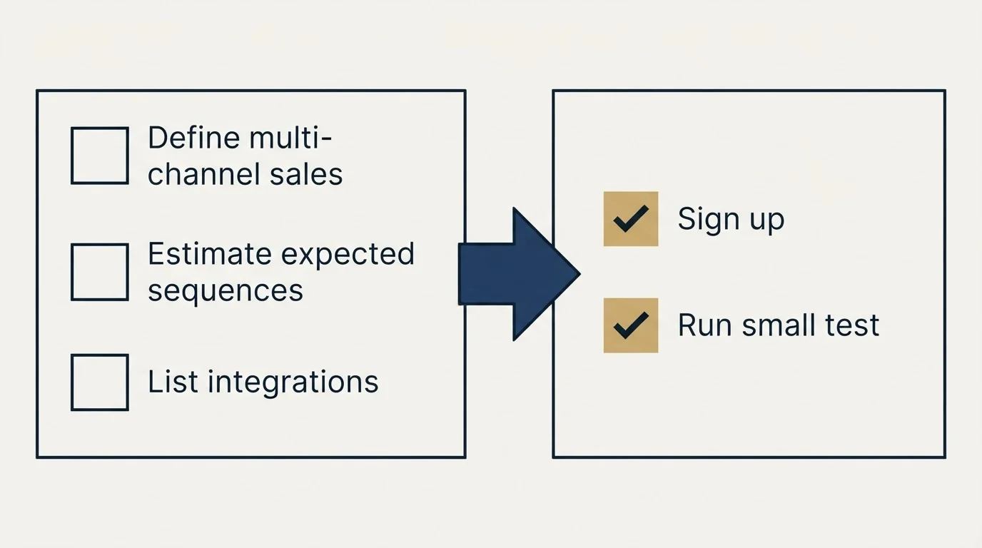 Before-and-after steps: Getting Started Checklist (Define multi-channel sales, Estimate expected sequences, List integrations, Sign up)
