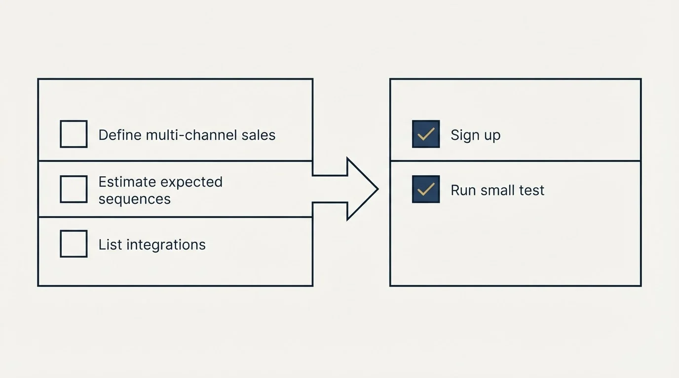 Before-and-after steps: Getting Started Checklist (Define multi-channel sales, Estimate expected sequences, List integrations, Sign up)