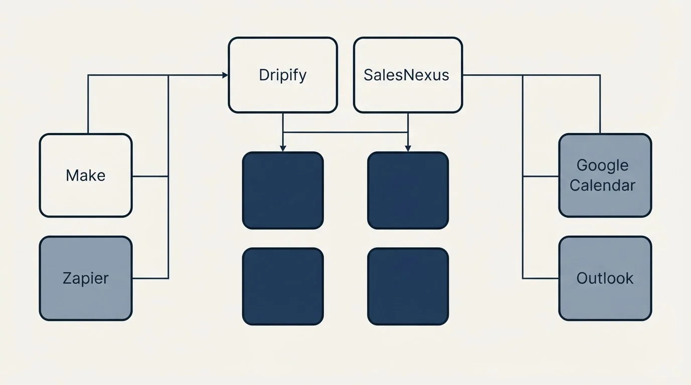 Integration grid: Integration Ecosystem (Dripify, SalesNexus, Make, Google Calendar)