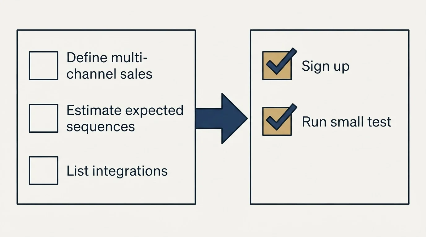 Before-and-after steps: Getting Started Checklist (Define multi-channel sales, Estimate expected sequences, List integrations, Sign up)