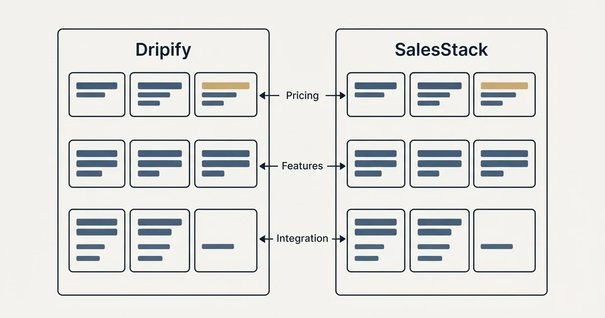 Comparison panel: Dripify vs SalesStack (Pricing, Features, Integration)