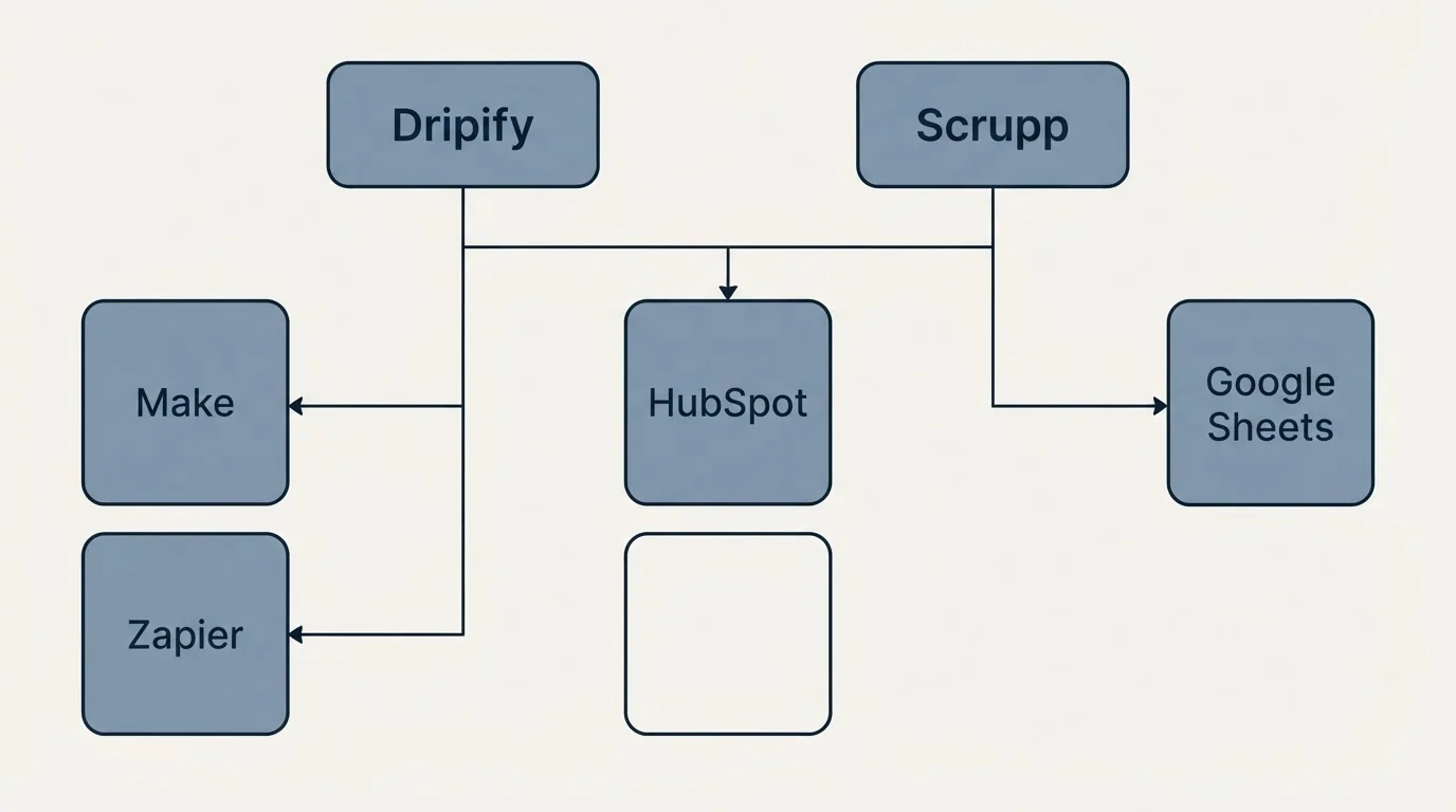 Integration grid: Integration Ecosystem (Dripify, Scrupp, HubSpot, Make)