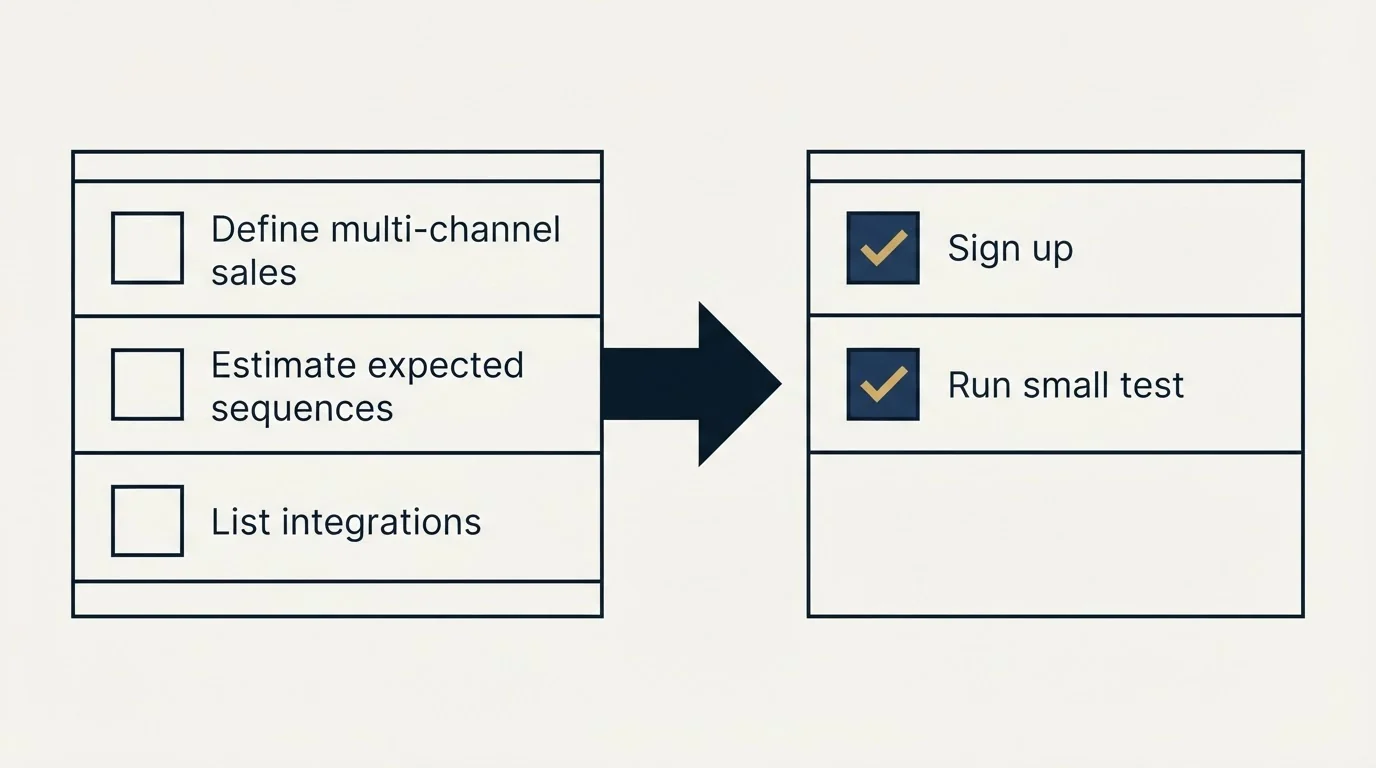 Before-and-after steps: Getting Started Checklist (Define multi-channel sales, Estimate expected sequences, List integrations, Sign up)