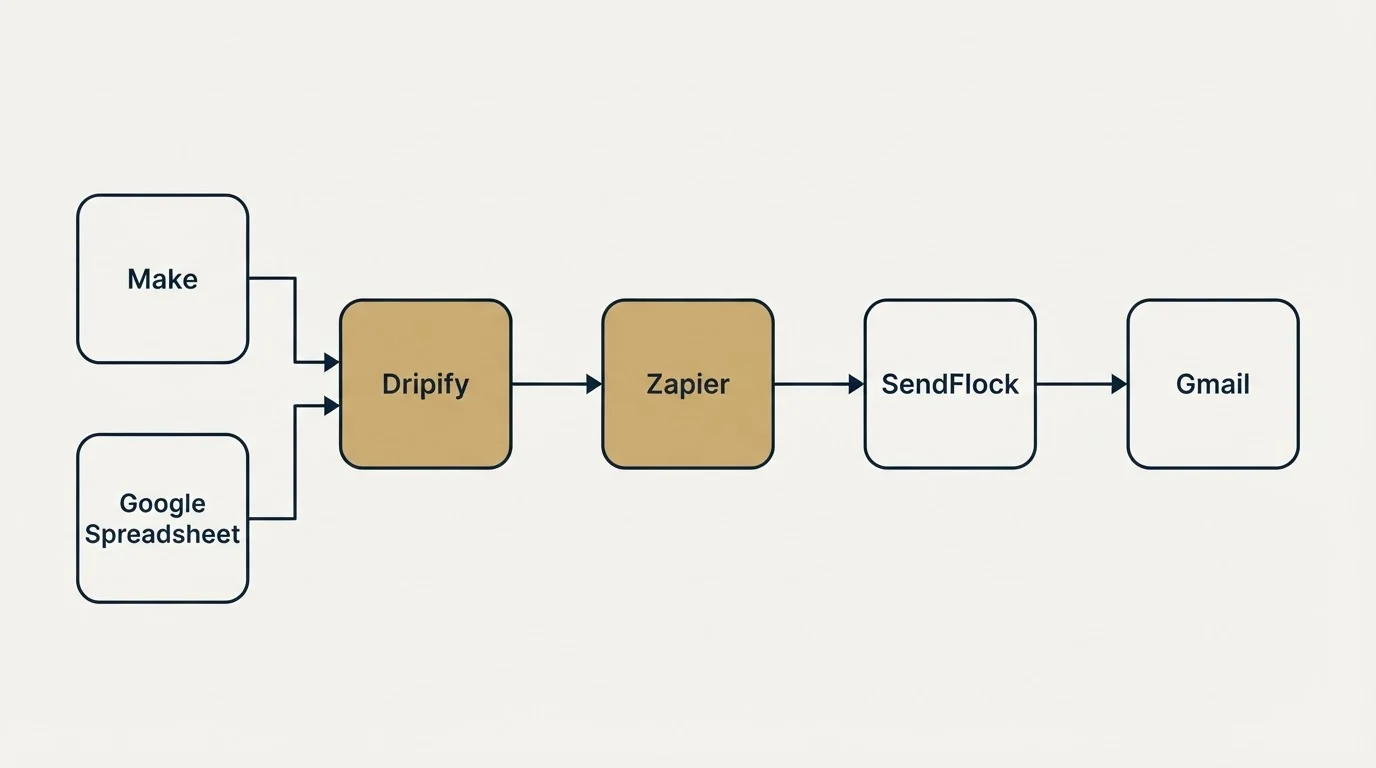 Integration flow: Integration Ecosystem (Dripify, SendFlock, Zapier, Make)