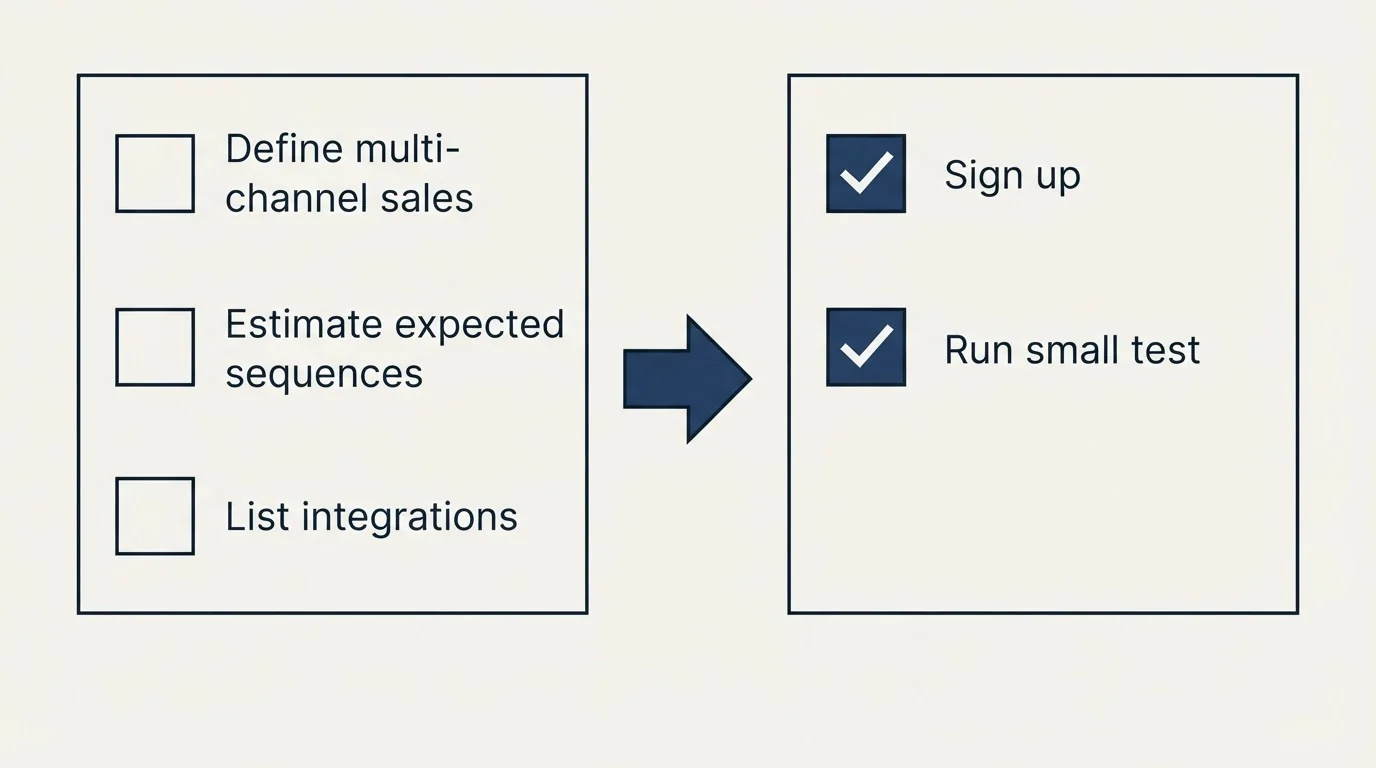 Before-and-after steps: Getting Started Checklist (Define multi-channel sales, Estimate expected sequences, List integrations, Sign up)