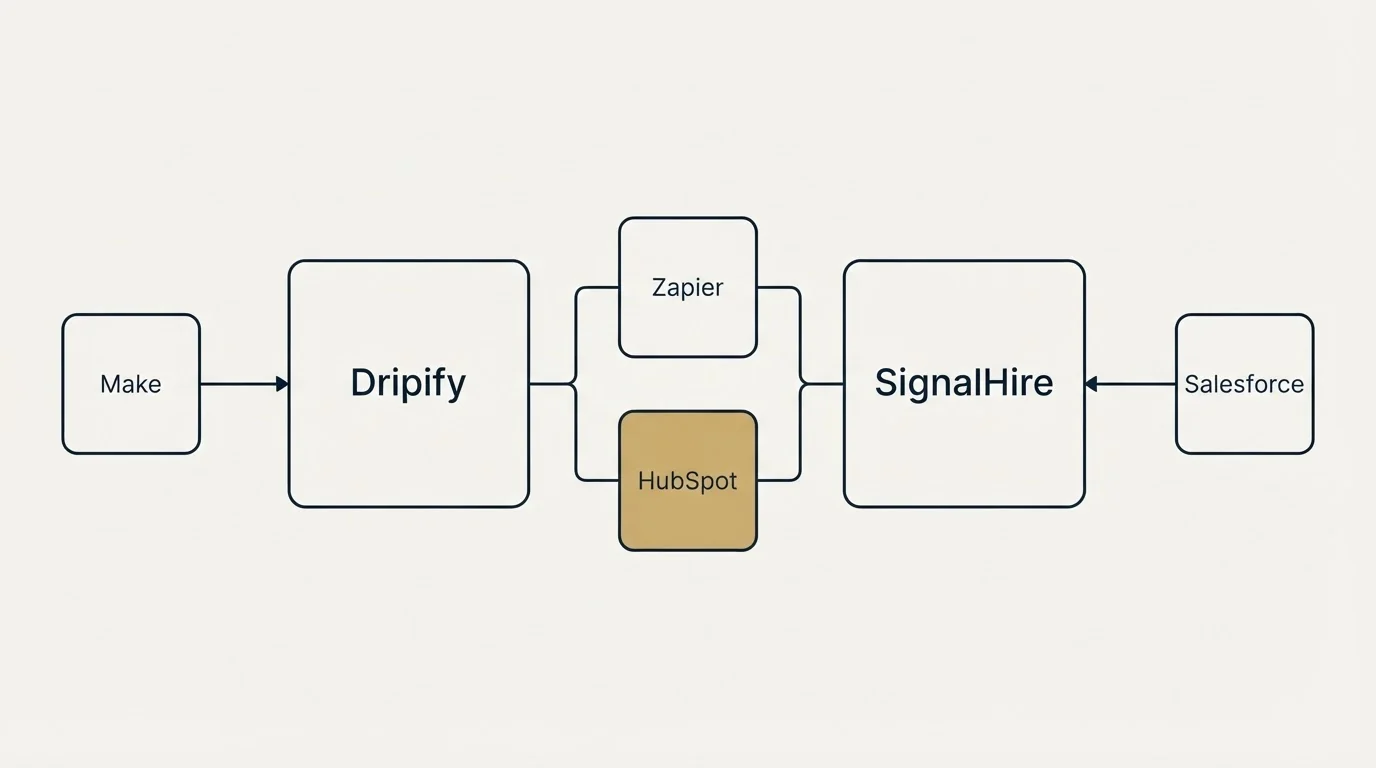 Integration flow: Integration Ecosystem (Dripify, SignalHire, Zapier, HubSpot)