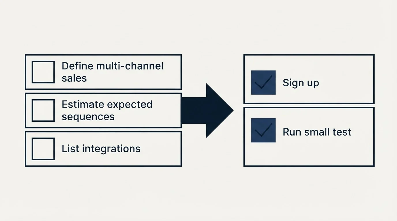 Before-and-after steps: Getting Started Checklist (Define multi-channel sales, Estimate expected sequences, List integrations, Sign up)